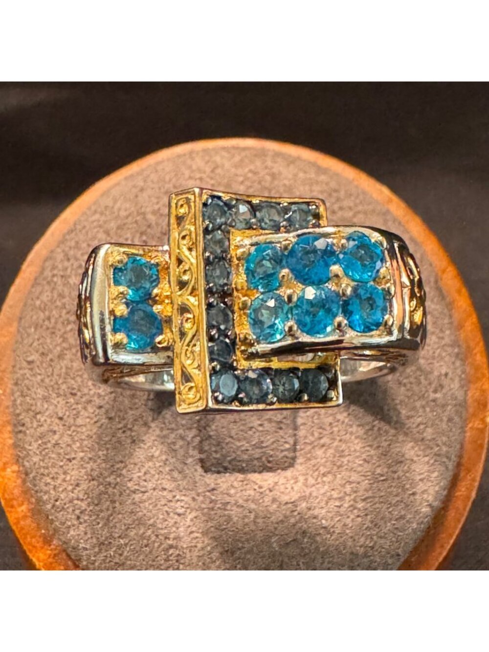 Solid Sterling Silver 925 Apatite & Topaz Buckle Ring Size 10.75